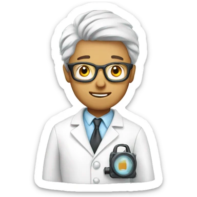 Scientist taking a photo while wearing a lab coat sticker