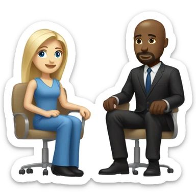Blonde woman with blue eyes and long straight hair and black man who is bald with a goatee seated together with their legs touching. sticker