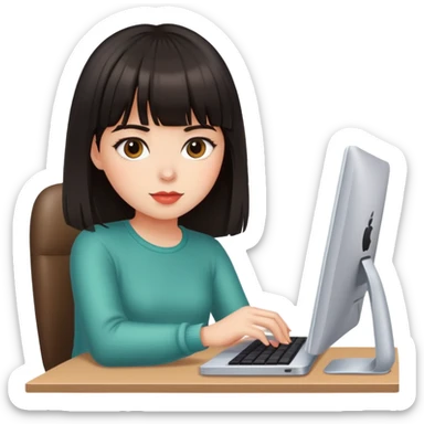 girl with dark hair and bangs sits at apple computer sticker
