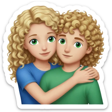 Girl with blond curly hair and blue eyes hugging boy with brown hair and green eyes sticker