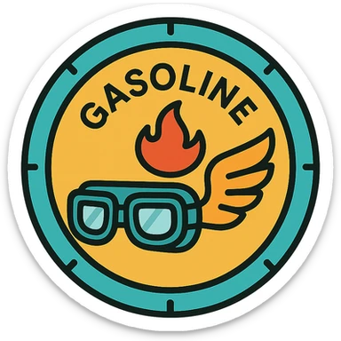 circular motorcycle gas cap design, transparent background, text 'GASOLINE', motif: motorcycle goggles, wing, flame, modern style sticker