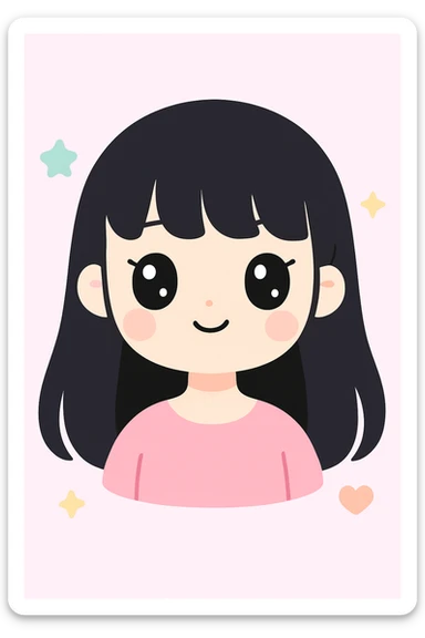 portrait of a pretty white girl with long black hair and thick bangs, soft pastel colors, kawaii style sticker