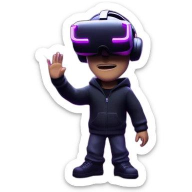 Steve Jobs wearing a black hoodie with "OMG" letters on it and VR headset in a cyberpunk VR environment with violet neon lighting. sticker
