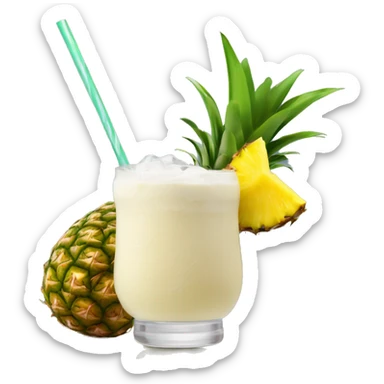pina colada in a poco grange glass, with ice cubes. on the corner of the glass a pineapple, a leaf and a straw in brown sticker