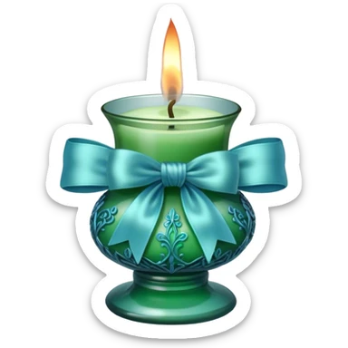 A soft blue candle in an ornate green glass holder, tied with a delicate satin blue bow. sticker