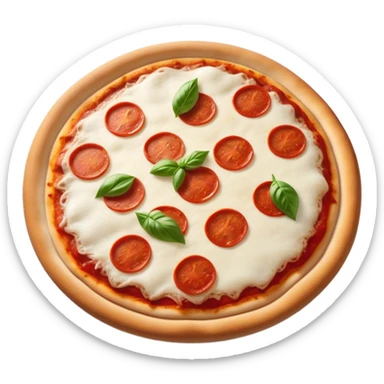 Cinematic Realistic Pizza Napoletana Dish Emoji, depicted as a classic thin‚Äêcrust pizza topped with vibrant tomato sauce, fresh mozzarella, and basil rendered with mouth‚Äêwatering textures and warm natural lighting. sticker