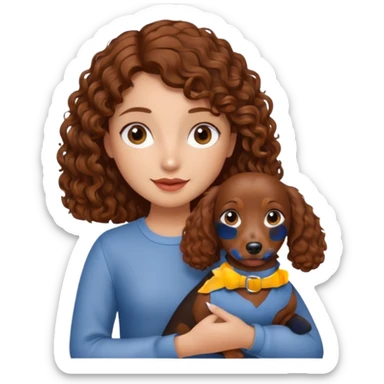 Girl with brown curly hair holding dachshund  sticker