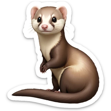 Cinematic Noble sable ferret Portrait Emoji, Poised and dignified, with a sleek, elongated body and a distinct sable ferret head featuring a pointed snout, small, rounded ears, and intelligent, beady eyes, covered in soft, sleek fur with natural brown and cream hues, Simplified yet sharp and sophisticated features, highly detailed, glowing with a warm, natural glow, high shine, exuding an air of quiet confidence, focused and watchful, soft glowing outline, capturing the essence of a clever and majestic sable ferret that feels as though it could leap from the screen with effortless grace! sticker