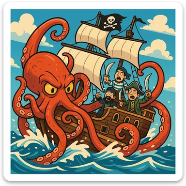 A kraken wrapping its tentacles around a pirate ship, waves crashing, dynamic action, cartoon style sticker