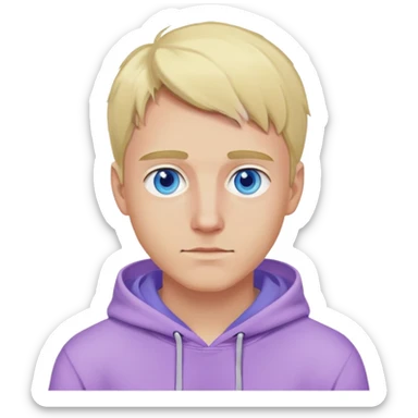 blonde man with blue eyes wearing a lilac hoodie sticker