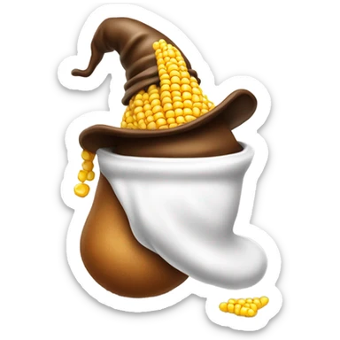 a poop with corn in it and a magician hat sticker
