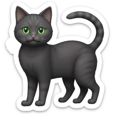 full body gorgeous solid dark grey cat with green eyes, white paws and white whiskers stretching like a cat sticker