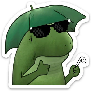 Funny green frog wearing sunglasses and holding a tiny umbrella sticker
