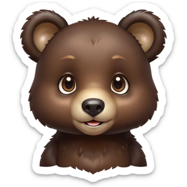 Cinematic Cute bear cub Portrait Emoji, Head tilted playfully and inquisitively, featuring a glossy dark brown fur with a natural sheen and round, sparkling eyes filled with gentle curiosity, Simplified yet irresistibly adorable features, highly detailed, glowing with a warm, friendly glow, high shine, affectionate and mighty, stylized with a touch of woodland whimsy, bright and endearing, soft glowing outline, capturing the essence of a mischievous yet loving bear cub, so playful it feels like it could amble out of the screen and into your arms! sticker