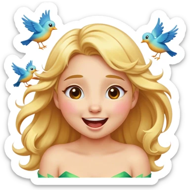 Cinematic Adorable Aurora Portrait Emoji, Giggling in surprise as birds land on her shoulders, cheeks flushed, golden locks bouncing, an irresistible mix of playfulness and beauty! sticker