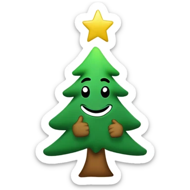 A Christmas tree with a star and a thumbs up sticker