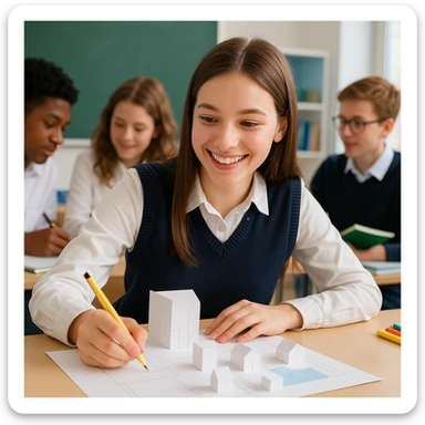 female student wearing white long sleeves and a navy blue vest, smiling and working on a school project, collaborative atmosphere sticker