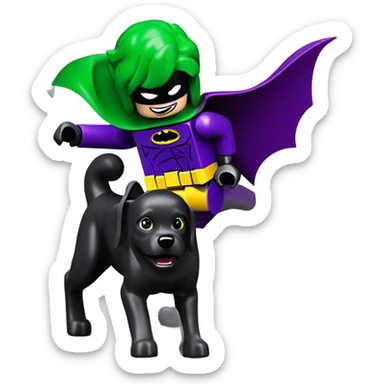 Lego Batman riding a Black lab chasing the joker  sticker