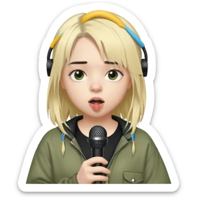 billie eilish is singing, holding mirco sticker