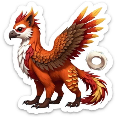 4-legged realistic scaly winged long-big-beaked Gryphon-Griffin-Griffsnuff-Talonflame-Silvally-Braviary-Red-Panda-fusion-hybrid-animal-Fakémon-creature, full body, with a long thin tufted lion-tail sticker