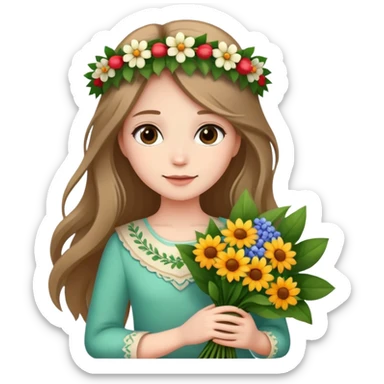 Beautiful girl with long hair and a wreath holding a bouquet of flowers sticker
