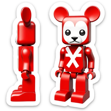 Lego bearbrick with X crosses for eyes, big ears, oversized boots, long limbs, exaggerated proportions, blocky Lego style sticker