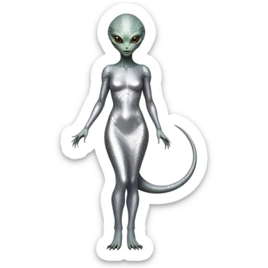 alien reptilian woman in silver dress, full body brown eyes sticker