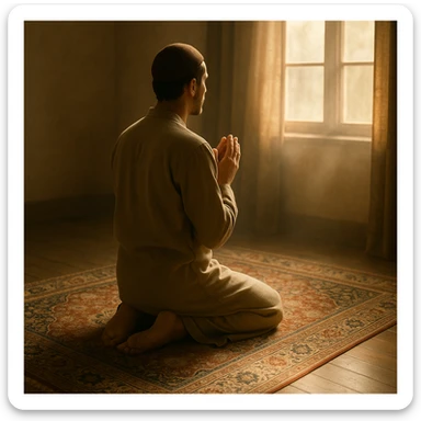 a serene scene of a person kneeling on a beautifully woven prayer carpet, hands clasped in prayer, with soft light filtering through a nearby window, casting a peaceful glow around them sticker
