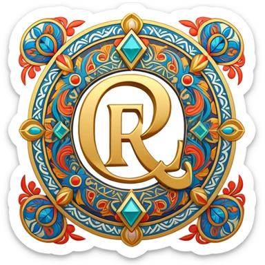 Russian ruble symbol (₽) adorned with Udmurt tribal patterns, colorful ethnic ornaments, decorative geometric motifs sticker