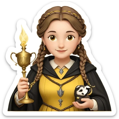 Helga Hufflepuff,the Hogwarts founder of Hufflepuff,brown-haired,2braids,yellow-black medieval dress with black cloak decorated with gold braiding,flickering magic wand and tiny two-handled shiny gold cup engraved with the badger silhouette,very kind smile,curvy busty sweet sticker