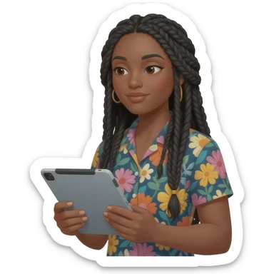 Emoji représentant une femme à la peau marron avec de longues braids noires et portant une chemise à fleurs, regardant la tablette graphique dans ses mains sticker