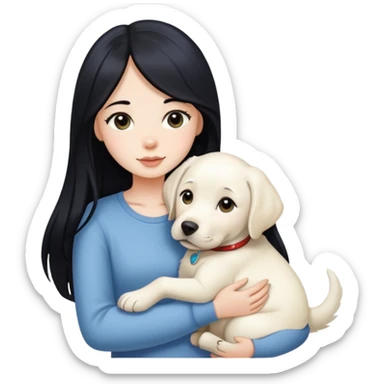 A beautiful girl with long black hair and fair skin is holding a white Labrador sticker
