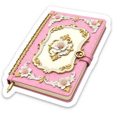 Notebook rococo style, gold and pink and white. angled view. with pen sticker