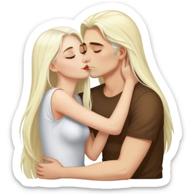 Блондинка с длинными белыми волосами сидит на коленях у парня и целует его sticker