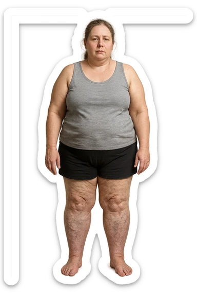 donna realistica leggermente in sovrappeso con vene visibili sulle gambe e gambe gonfie, iperrealistica 4k, IPERREALISTICA 4K sticker