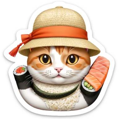 cat wearing a hat made out of sushi sticker