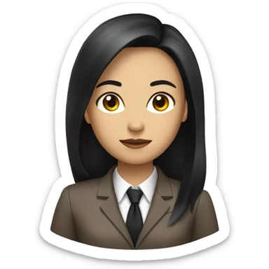 Female defense attorney with long black hair with brown suit sticker