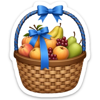 A basket with a blue ribbon on the handle sticker