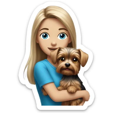 Realistic brunette girl with bright blue eyes holding Yorkshire terrier  sticker