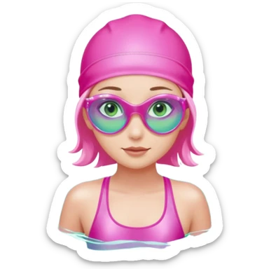 pretty girl with green eyes pink swim cap holographic swimming glasses and cute profesional swimmer pink swimsuit without her hair visible swimming sticker