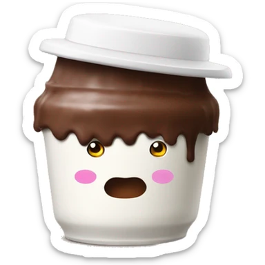 A chocolate yoghurt pot like danette with legs and arms that are white, and a funny hat sticker