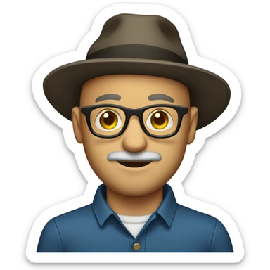 bald man with glasses and a beard in a hat sticker