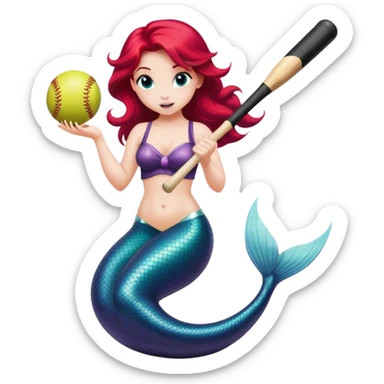 Ariel the mermaid holding a black softball bat in a batting stance sticker