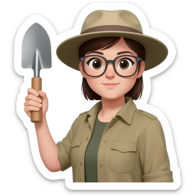 archaeologist girl with glass, holding archaeologist tool sticker