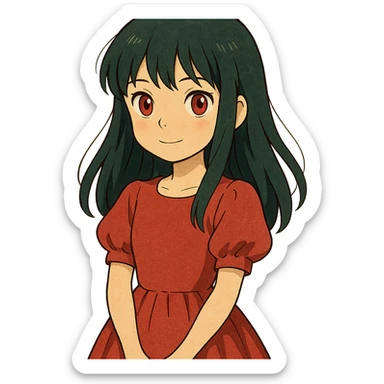 ghibli style girl with dark green hair, red eyes, and a red dress sticker