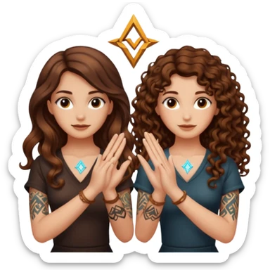 shared idea — long wavy brown hair tattooed woman and short tight curly brown hair woman — glowing rune between hands sticker