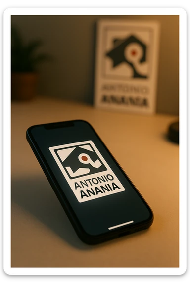 A photo of an iPhone with the message "Antonio Anania" on its screen, The phone sits atop a desk with a blurred background that suggests work environment. A faint glow from above casts gentle shadows across the surface of each object, creating depth and highlighting their textures sticker