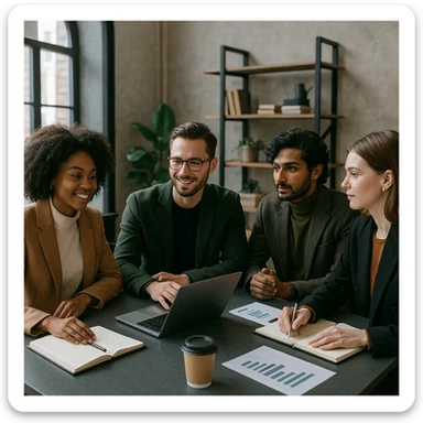 Stylish office team meeting concept with diverse professionals collaborating around a modern table sticker