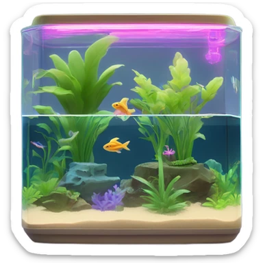 Rectangular fish tank, beige lid and wedgesk with plants inside  and glow tetra fish in neon colors  sticker