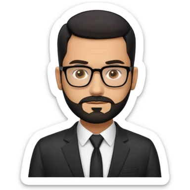Attractive Hispanic TV host in his mid to late 40s with light brown skin, short straight black hair slicked back with fade on sides, square handsome face with strong jawline, friendly approachable expression, black beard, wearing glasses sticker